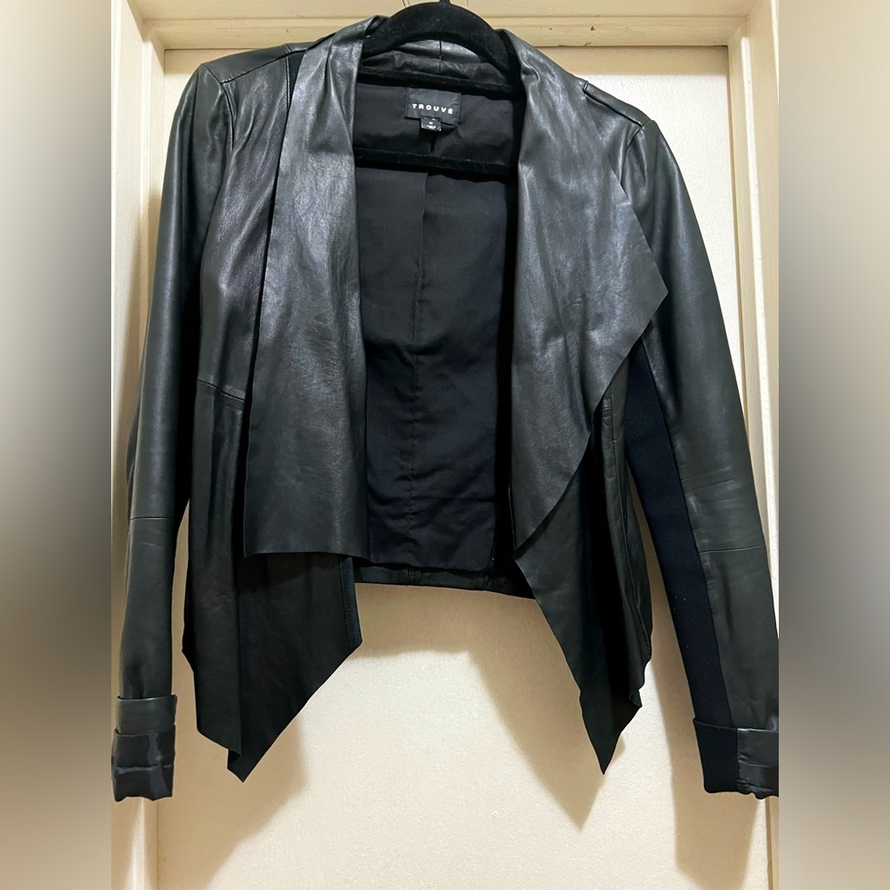 Drape front leather jacket